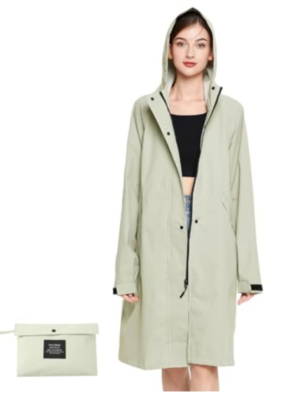 Lightweight Waterproof Hooded Long Raincoat with Packable Storage Bag